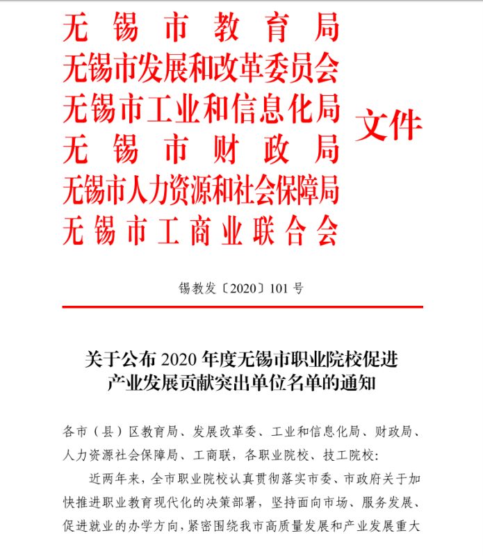 喜报——开云手机客户端获评“2020年度无锡市职业院校促进产业发展贡献突出单位”